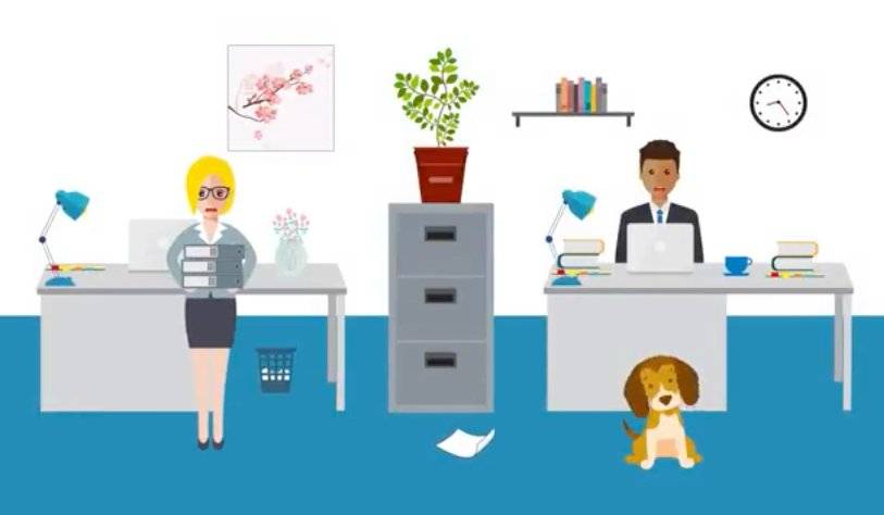 Cartoon-style graphic of an office, with blond woman, dark haired man and a dog among desks and a filing cabinet with a plant on top。